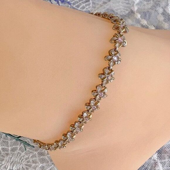 Vintage Solid Sterling & Pink Topaz Flower Bracelet/Anklet ~9.5” - Picture 2 of 10